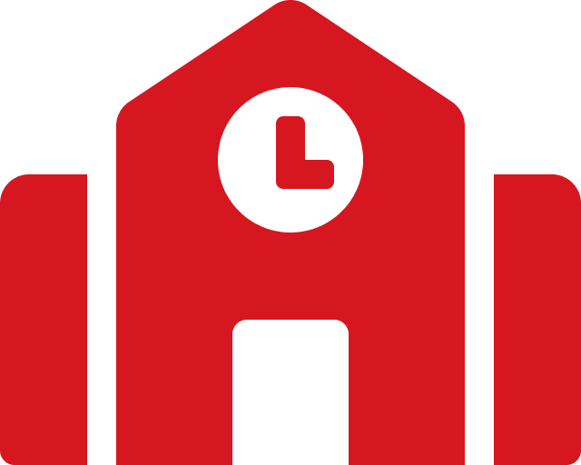 Red school building icon with clock.
