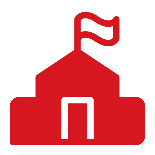 Red schoolhouse icon with waving flag.