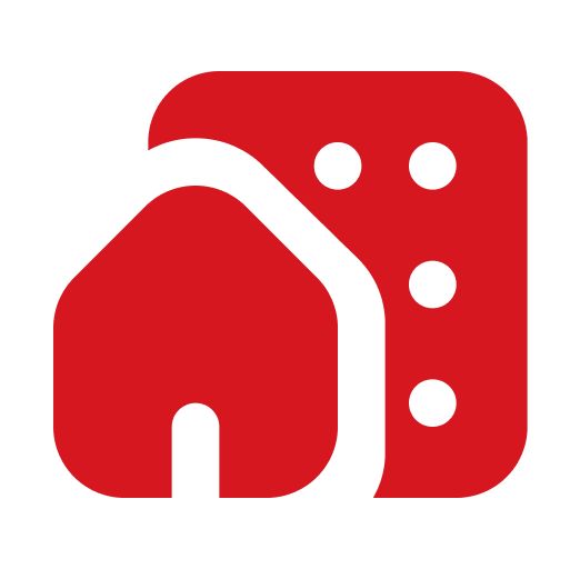 Red house and dice icon on black.