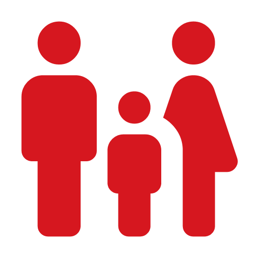 Red family icon on black background.